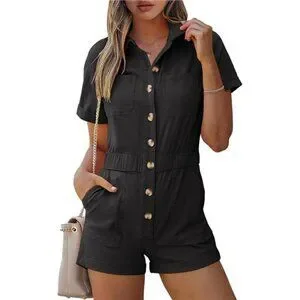 Other Womens Utility Short Jumpsuits Cotton Cargo Rompers Button